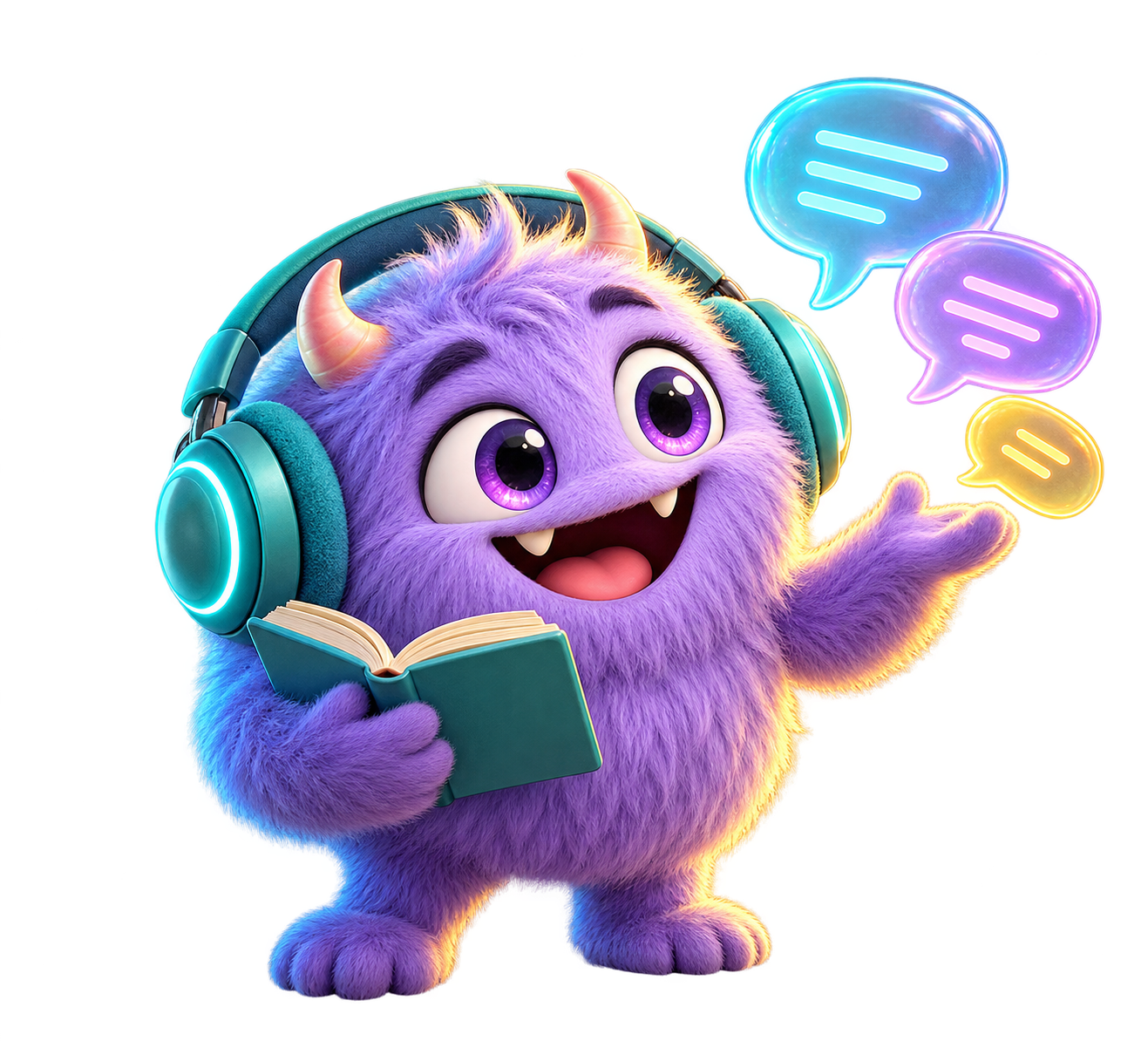 A lavender language-learning monster with headphones and a phrasebook