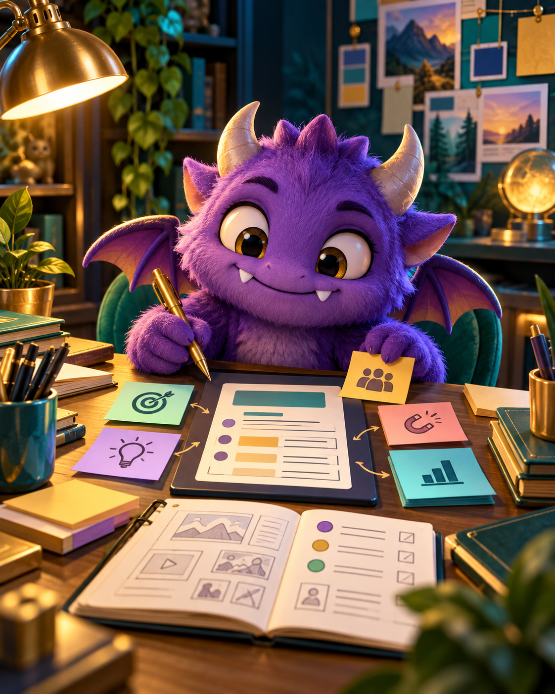 A purple winged creator planning an audience, hook and content brief
