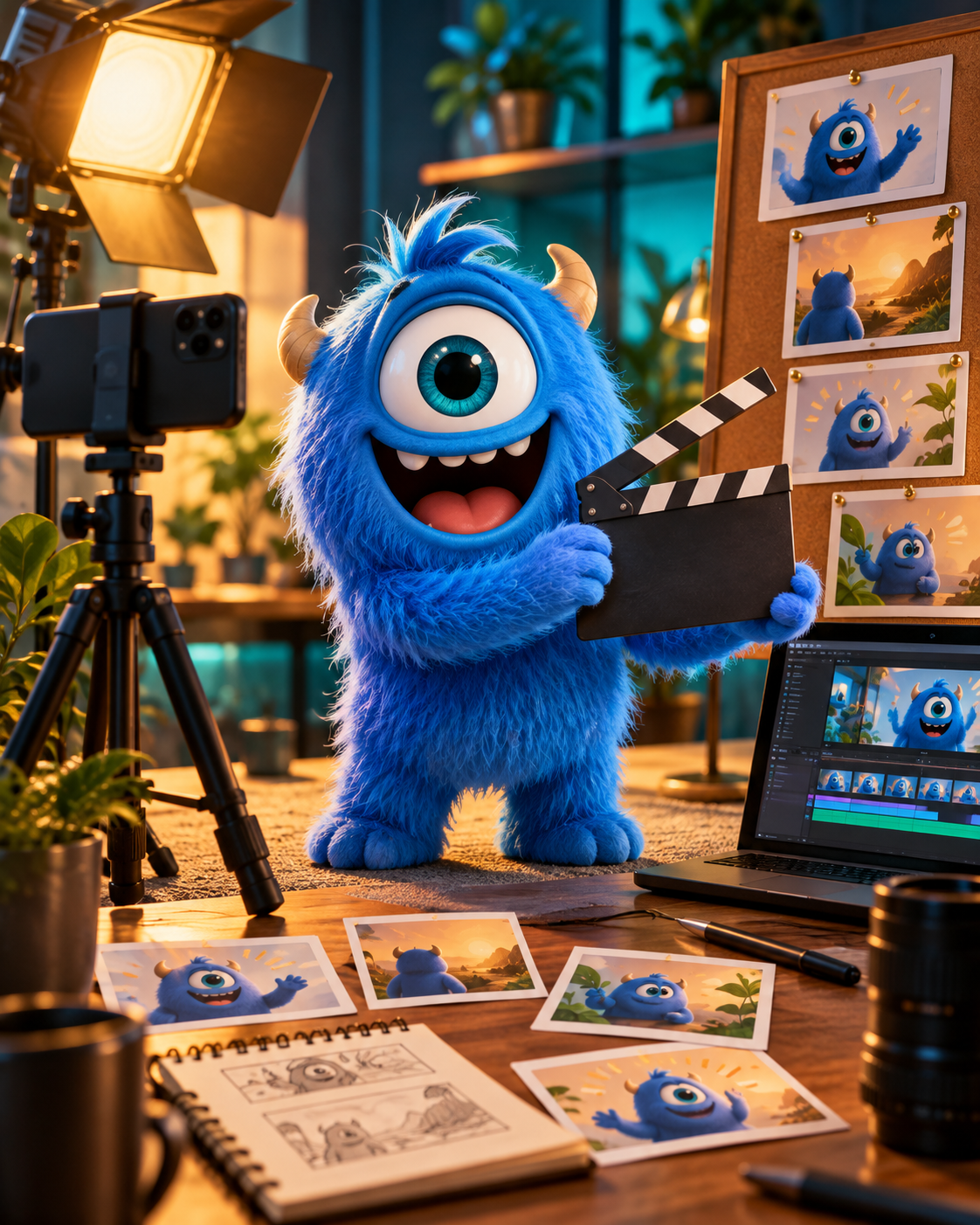 A blue one-eyed creator directing a phone video shoot with a shot list