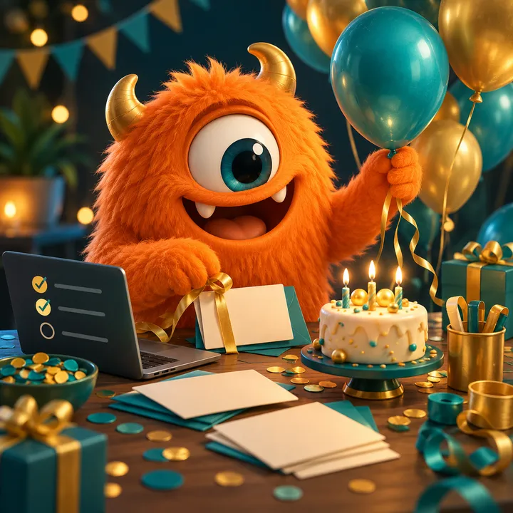 An orange one-eyed monster with balloons, a birthday cake and invitation cards