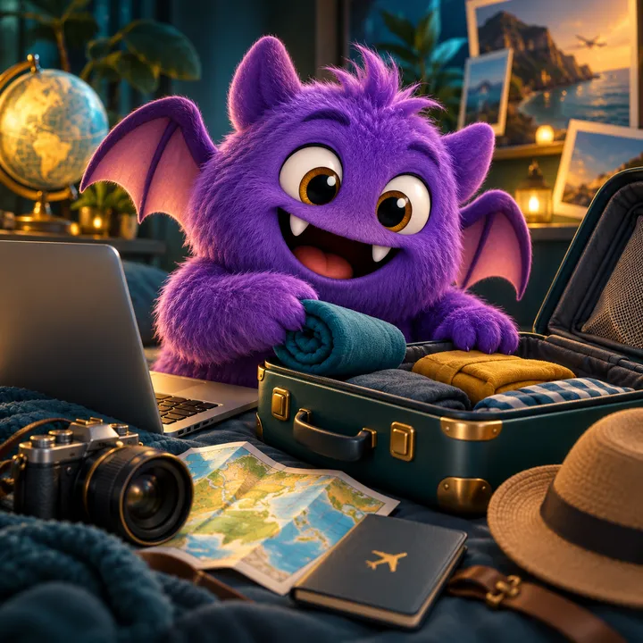 A purple winged monster packing a suitcase beside a map, camera and passport