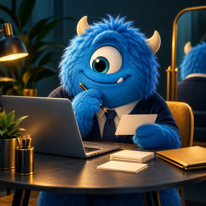 A blue mascot preparing interview answers at a desk