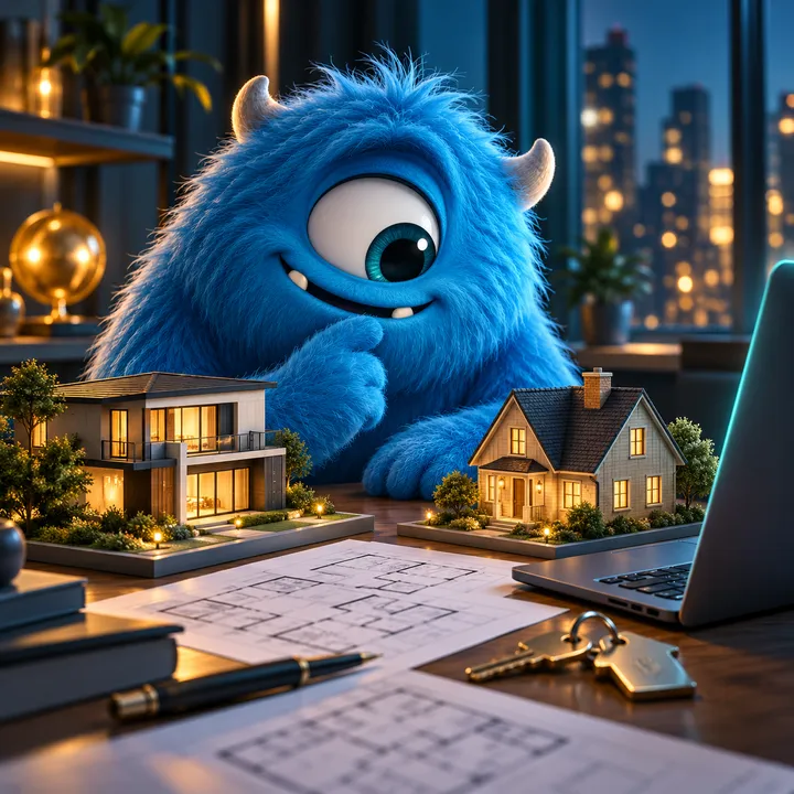 A blue monster comparing two model houses on a desk with floor plans and keys
