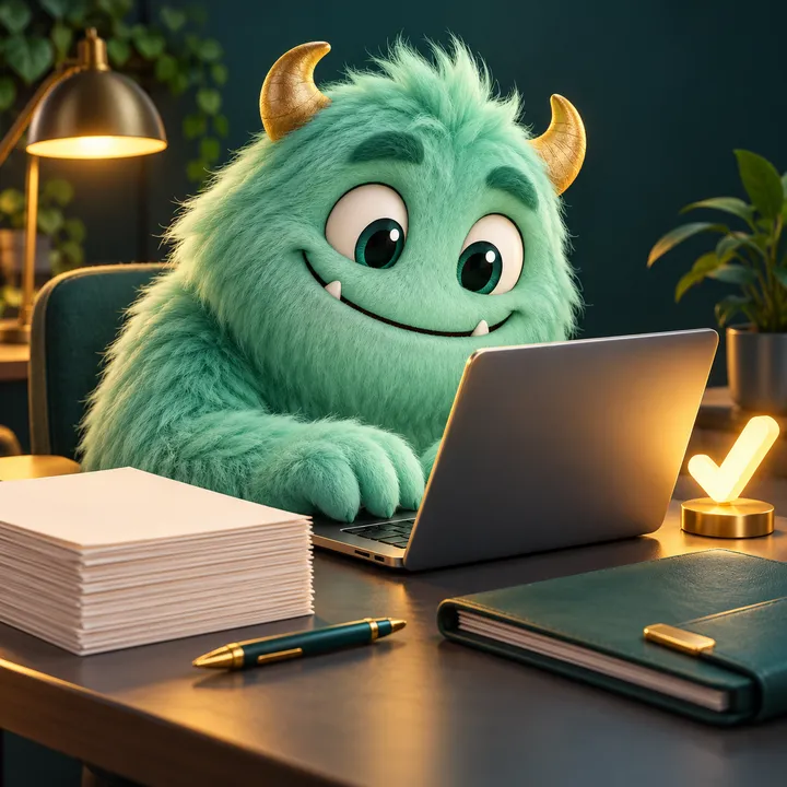 A mint-green monster at a laptop beside a neat stack of printed pages
