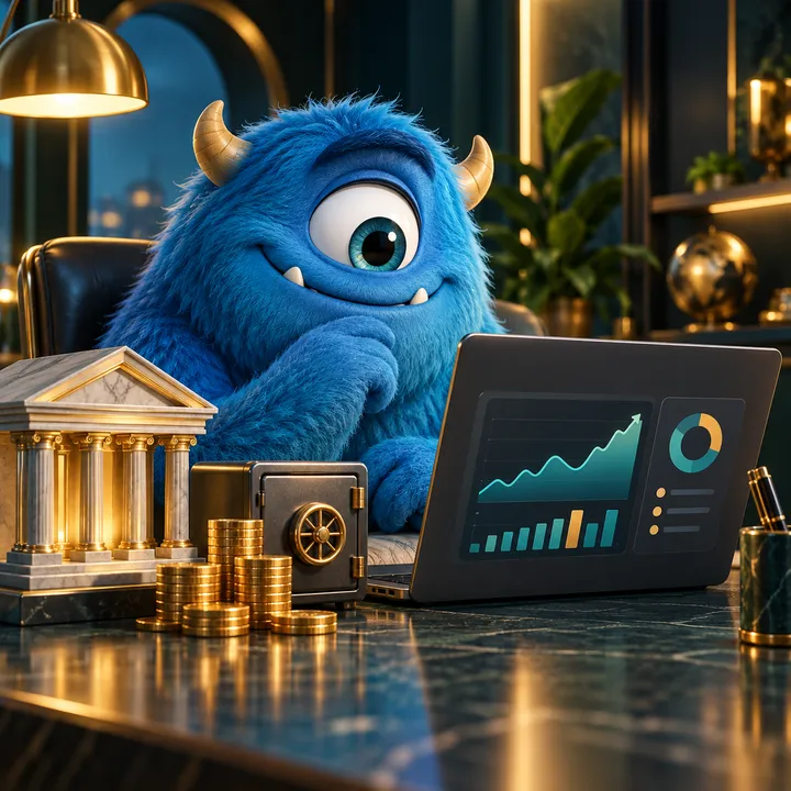 A blue one-eyed monster beside a bank model, safe, coins and a growth chart