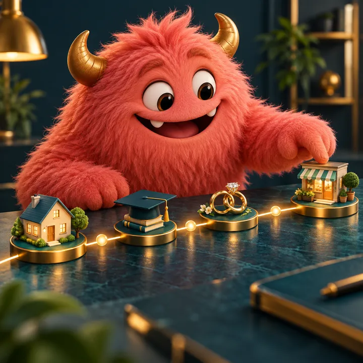 A coral monster moving along a glowing path of goals: a home, graduation cap, rings and a shop