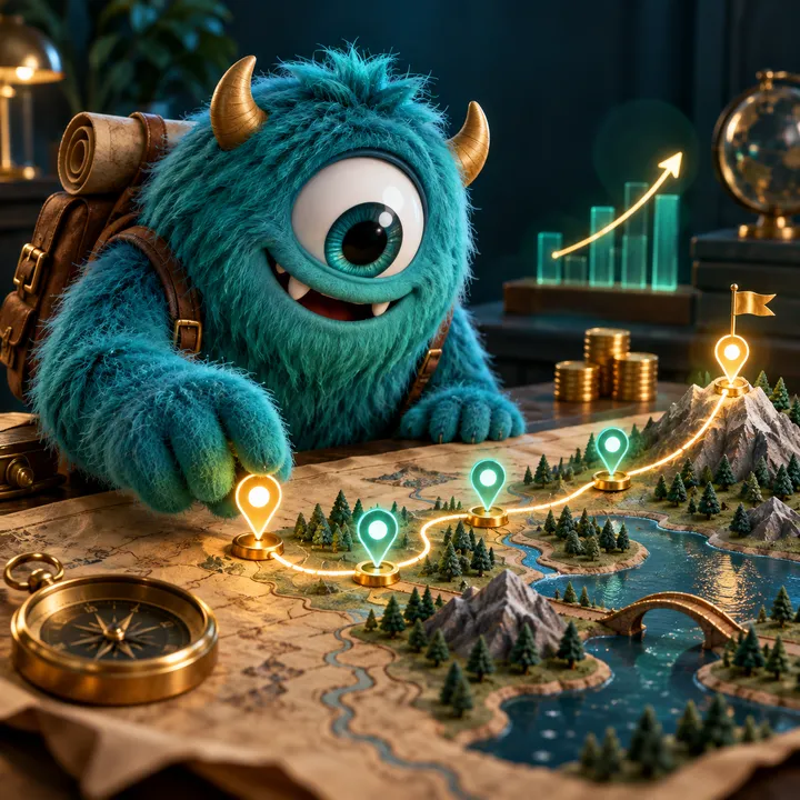 A teal one-eyed monster tracing a glowing route of milestones across a map